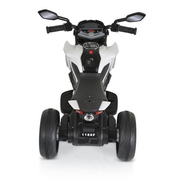 Motocicleta electrica copii cu 3 roti Moni Colombo Alb, lumini LED, functii muzicale, iesire MP3 si USB