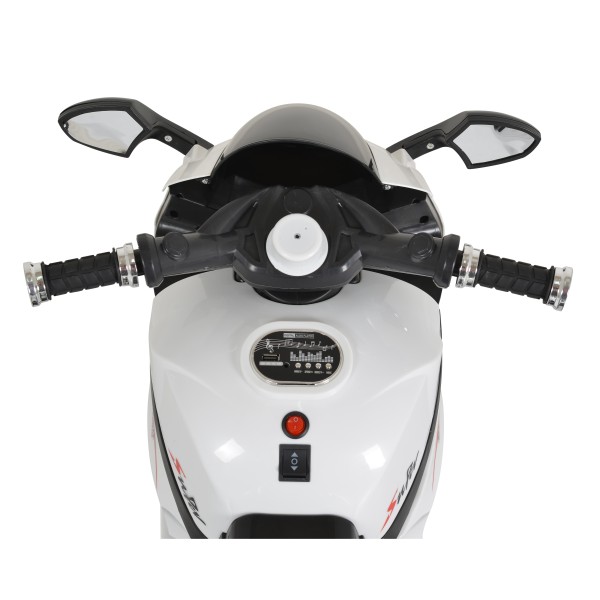 Motocicleta electrica copii cu 3 roti Moni Comet Alb, scaun din piele, lumini LED, varsta minima 3 ani+