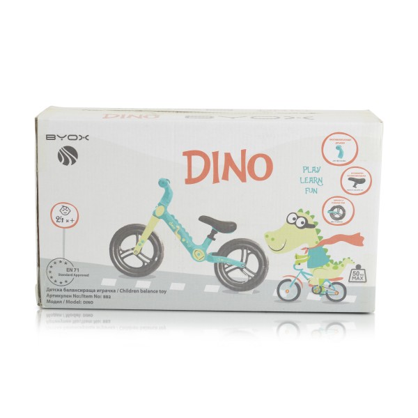 Bicicleta copii fara pedale, pentru dezvoltarea echilibrului Byox Dino Verde, scaun reglabil pe inaltime, varsta minima 2 ani