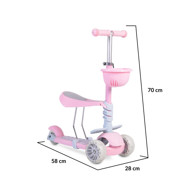 Trotineta transformabila cu lumini MONI Bubblegum Roz,cu sezut reglabil pe inaltime si detasabil , varsta 3+ ani