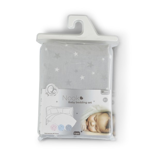 Set lenjerie patut din 3 piese, Hugzzz Grey Stars, dimensiune 120/60 cm, bumbac 100 %