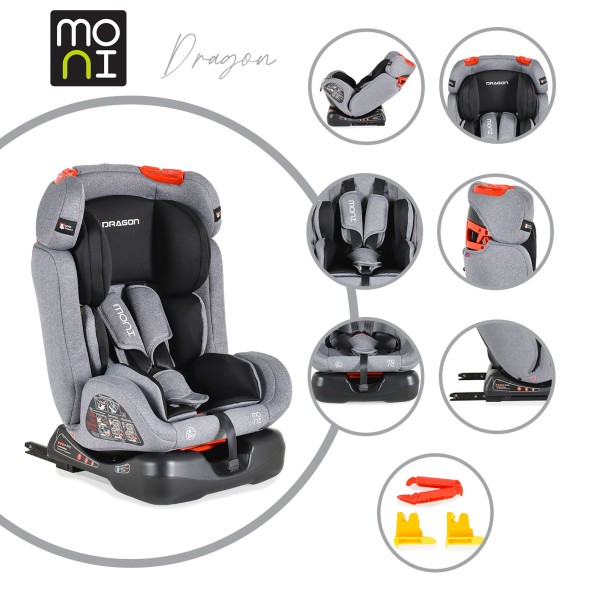 Scaun auto cu Isofix Moni Dragon Gri, grupa 0 - 36 Kg, spatar reglabil, tapiterie detasabila si lavabila