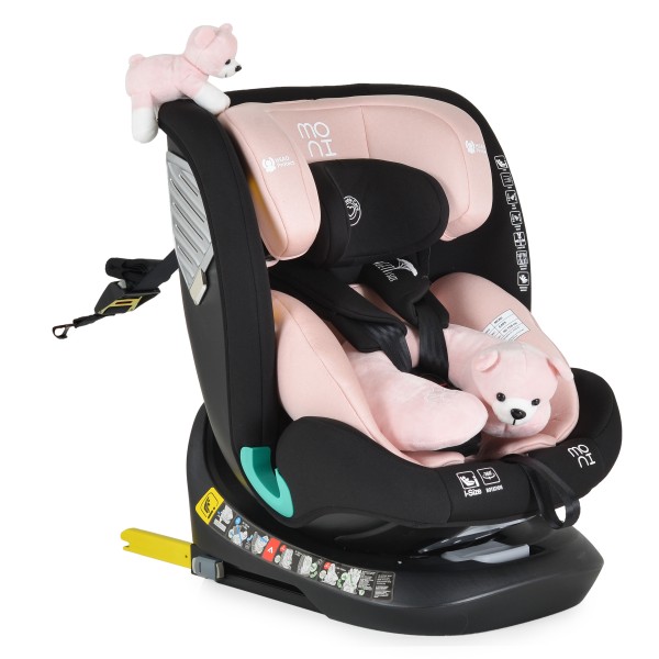 Scaun auto 0-36 kg cu isofix Moni Serengeti Roz, sezut rotativ 360° si pozitie de somn, varsta recomandata 0 - 12 ani