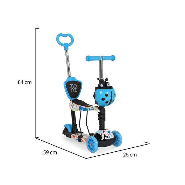 Trotineta copii 3 in 1 cu sezut, transformabila, cu 3 roti, Moni Lollipop Albastru, varsta recomandata 18-48 luni