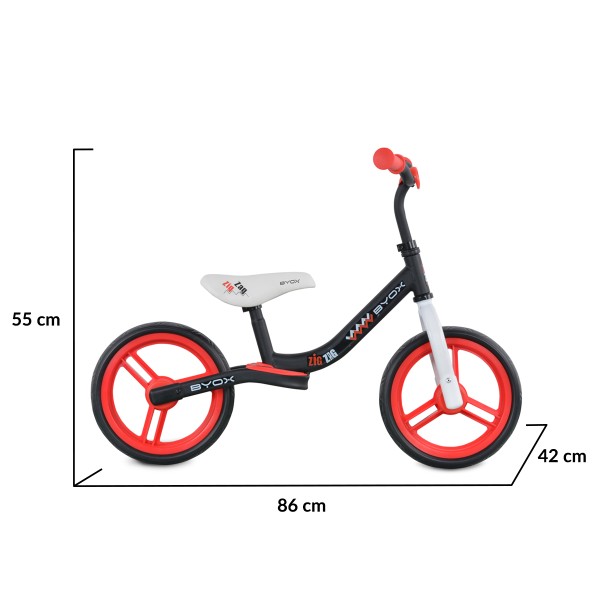 Bicicleta copii fara pedale, pentru dezvoltarea echilibrului Byox Zig Zag Rosu, anvelope spuma EVA, sezut reglabil pe inaltime