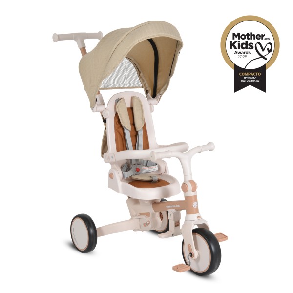 Tricicletă Pliabila 4 în 1 Byox Compacto Beige pentru Copii 12-36 Luni, Scaun Rotativ, Control Parental și Bicicleta de Echilibru