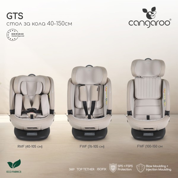 Scaun auto rotativ 360° Cangaroo GTS Black – 0-12 ani (40-150 cm), ISOFIX & Top Tether, protecție laterală SPS, tetieră reglabilă și confort premium Eco Fabric