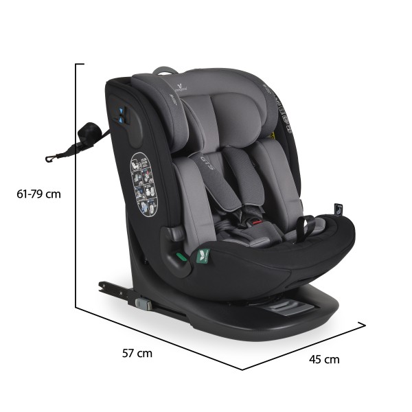Scaun auto rotativ 360° Cangaroo GTS Grey – 0-12 ani (40-150 cm), ISOFIX & Top Tether, protecție laterală SPS, tetieră reglabilă și confort premium Eco Fabric