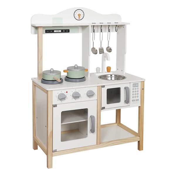 Bucătărie din lemn pentru copii Moni Toys Nana – cu uși funcționale și 9 accesorii, Dimensiune 58,5x29x85 cm