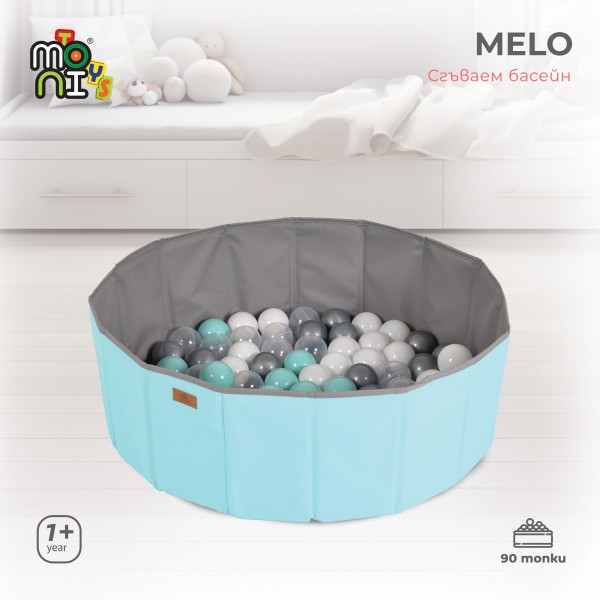 Piscină pliabilă pentru copii Moni Toys Melo Blue, cu 90 bile colorate și geantă de depozitare, 12 luni+