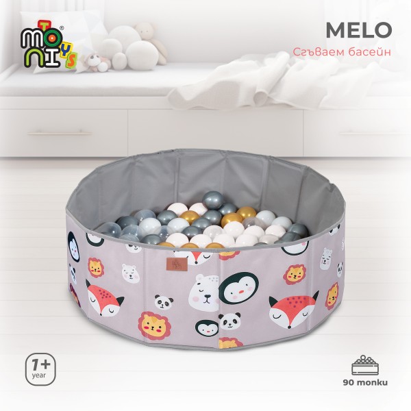 Piscină pliabilă pentru copii Moni Toys Melo Animals, cu 90 bile colorate și geantă de depozitare, 12 luni+