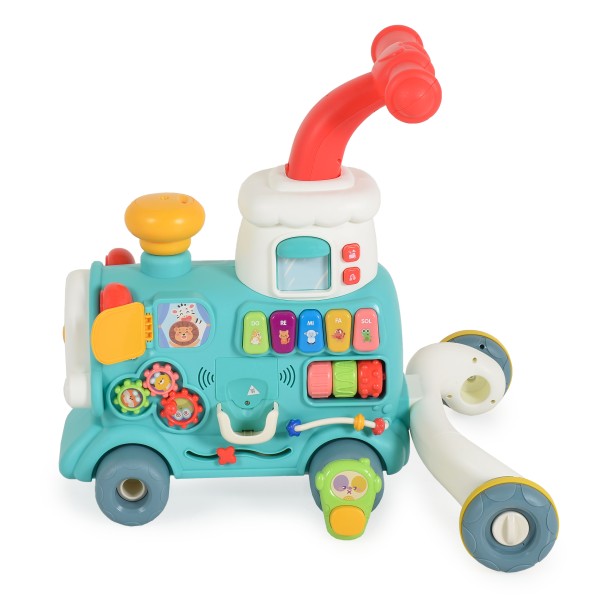 Trenuleț educativ 3 în 1 Moni Toys Mint – cu abur, muzică, sortator de forme și panou interactiv, 6 luni+