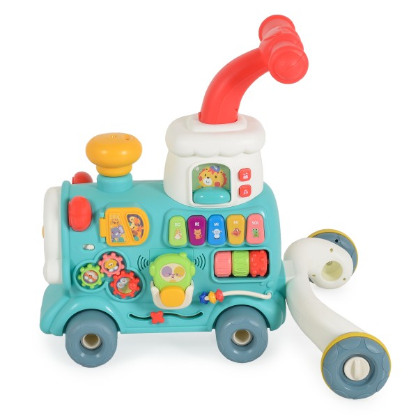 Trenuleț educativ 3 în 1 Moni Toys Mint – cu abur, muzică, sortator de forme și panou interactiv, 6 luni+