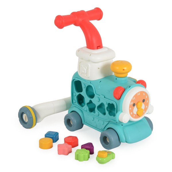 Trenuleț educativ 3 în 1 Moni Toys Mint – cu abur, muzică, sortator de forme și panou interactiv, 6 luni+