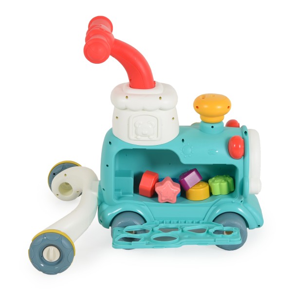Trenuleț educativ 3 în 1 Moni Toys Mint – cu abur, muzică, sortator de forme și panou interactiv, 6 luni+