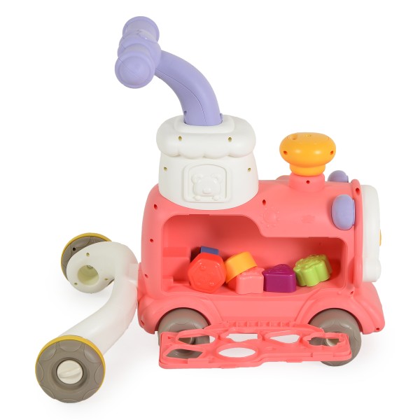 Trenuleț educativ 3 în 1 Moni Toys Pink – cu abur, muzică, sortator de forme și panou interactiv, 6 luni+