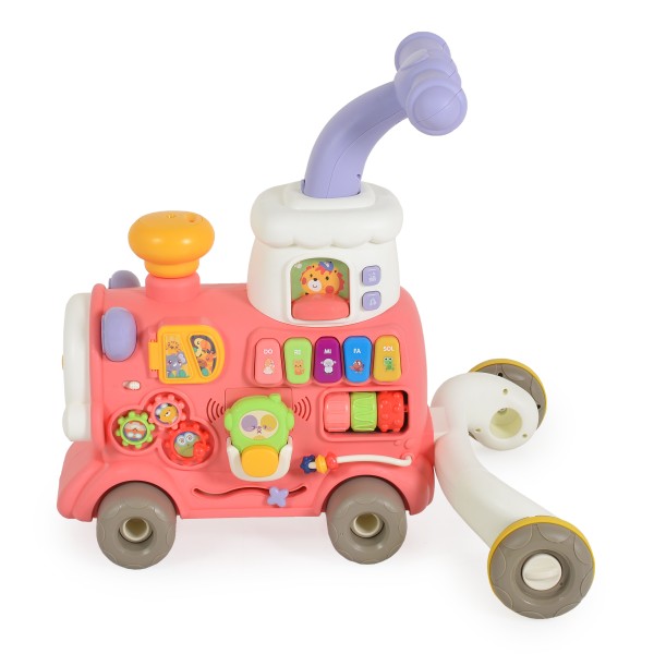 Trenuleț educativ 3 în 1 Moni Toys Pink – cu abur, muzică, sortator de forme și panou interactiv, 6 luni+