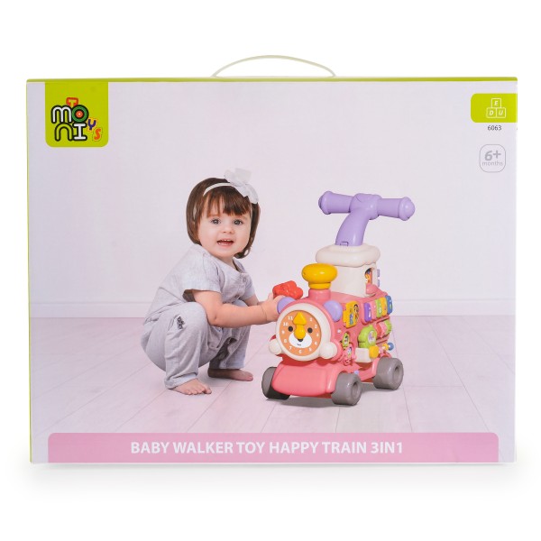 Trenuleț educativ 3 în 1 Moni Toys Pink – cu abur, muzică, sortator de forme și panou interactiv, 6 luni+