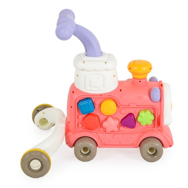 Trenuleț educativ 3 în 1 Moni Toys Pink – cu abur, muzică, sortator de forme și panou interactiv, 6 luni+