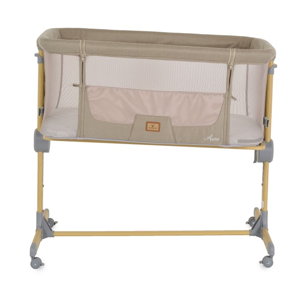 Pătuț Co-sleeping Cangaroo Aura Beige pentru bebeluși cu 7 poziții, funcție antireflux, saltea inclusă și roți cu frâne