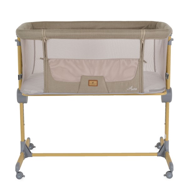 Pătuț Co-sleeping Cangaroo Aura Beige pentru bebeluși cu 7 poziții, funcție antireflux, saltea inclusă și roți cu frâne