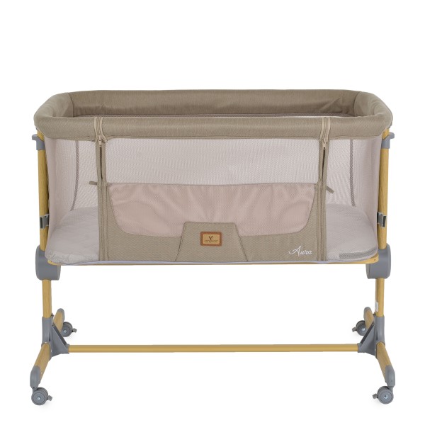 Pătuț Co-sleeping Cangaroo Aura Beige pentru bebeluși cu 7 poziții, funcție antireflux, saltea inclusă și roți cu frâne