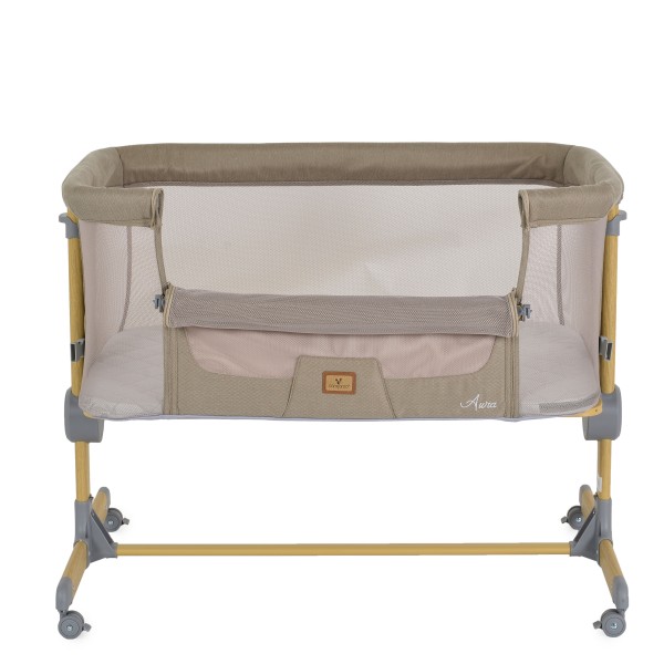 Pătuț Co-sleeping Cangaroo Aura Beige pentru bebeluși cu 7 poziții, funcție antireflux, saltea inclusă și roți cu frâne
