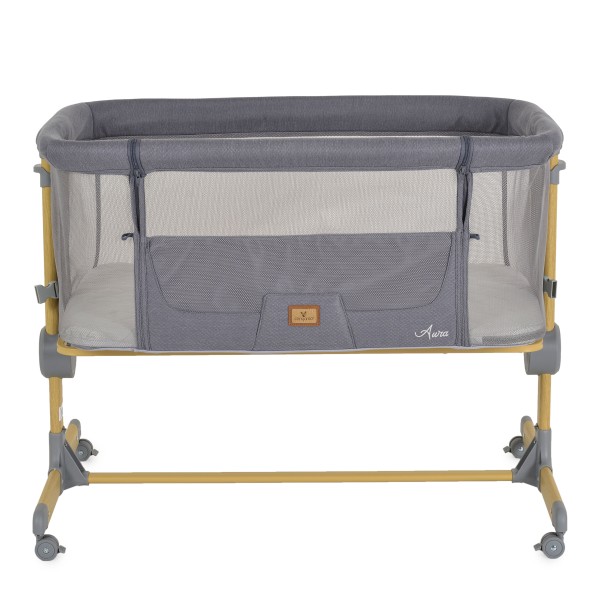 Pătuț Co-sleeping Cangaroo Aura Grey pentru bebeluși cu 7 poziții, funcție antireflux, saltea inclusă și roți cu frâne