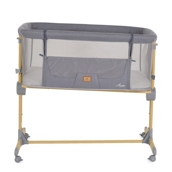 Pătuț Co-sleeping Cangaroo Aura Grey pentru bebeluși cu 7 poziții, funcție antireflux, saltea inclusă și roți cu frâne