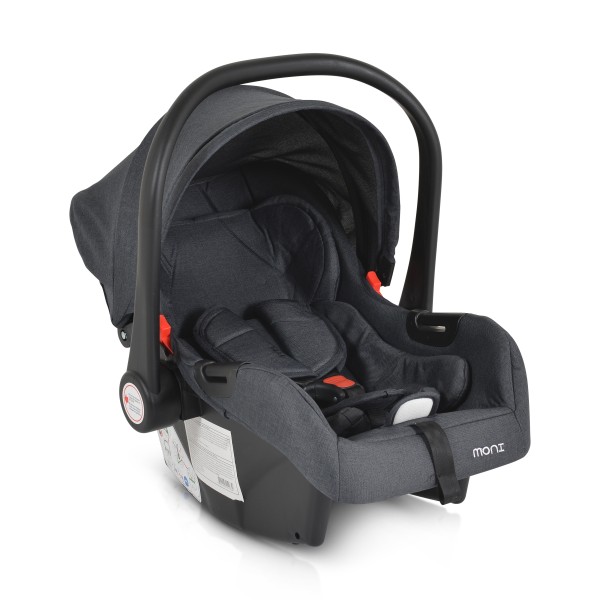 Scaun auto pentru bebeluși Moni Trio Black – 40-87 cm, cu fața la direcția de mers, centură 3 puncte, copertină pliabilă și adaptoare incluse