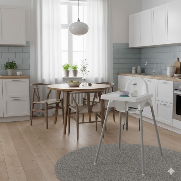 Scaun înalt pentru bebeluși pliabil până la 3 ani Linda Alb Gri – cu centură de siguranță, margine anti-scurgere și design compact