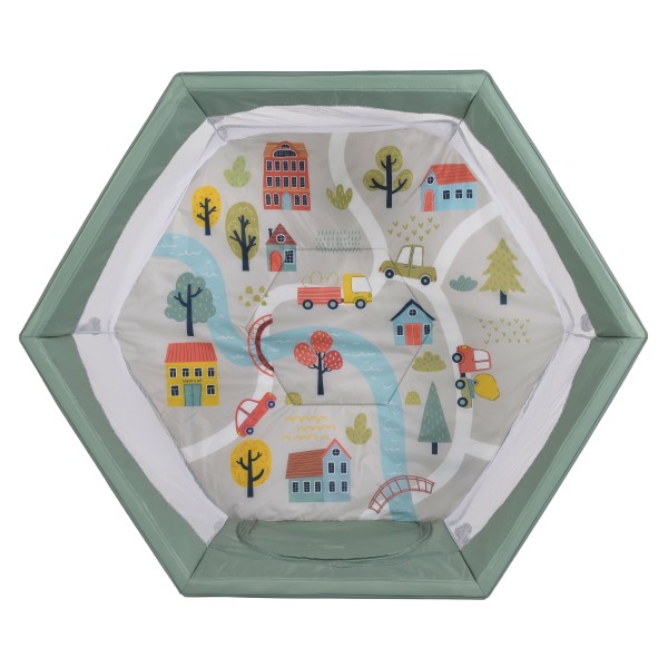 Țarc de joacă hexagonal pliabil Cangaroo Playbox Green cu laterale din plasă și bază termoizolantă – pentru copii 6 luni+ până la 15 kg