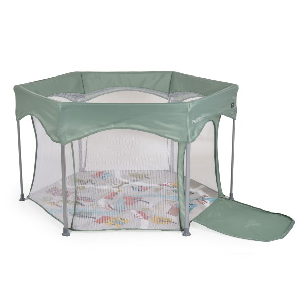 Țarc de joacă hexagonal pliabil Cangaroo Playbox Green cu laterale din plasă și bază termoizolantă – pentru copii 6 luni+ până la 15 kg