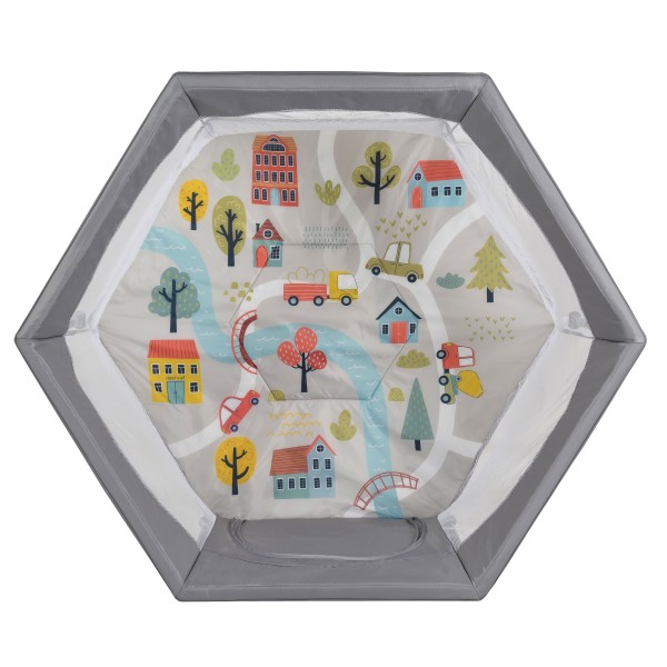 Țarc de joacă hexagonal pliabil Cangaroo Playbox Grey cu laterale din plasă și bază termoizolantă – pentru copii 6 luni+ până la 15 kg