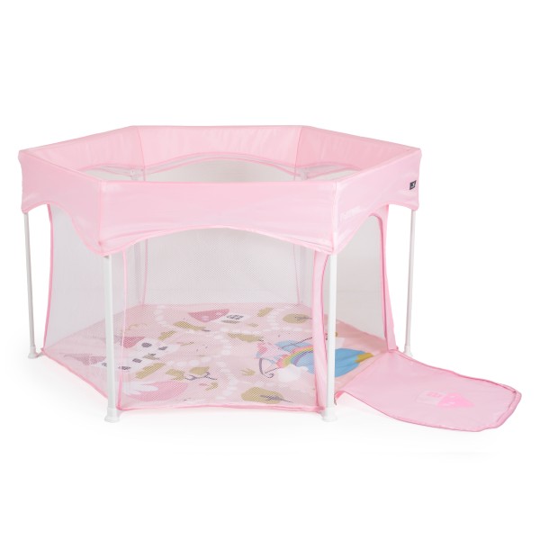 Țarc de joacă hexagonal pliabil Cangaroo Playbox Pink cu laterale din plasă și bază termoizolantă – pentru copii 6 luni+ până la 15 kg