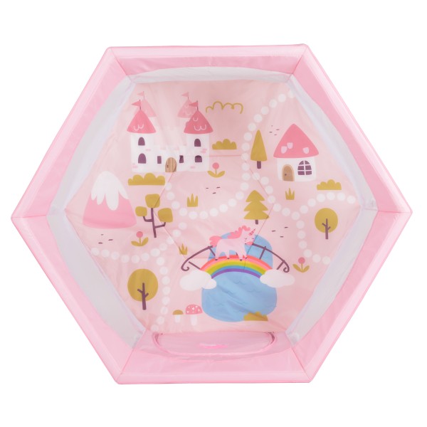 Țarc de joacă hexagonal pliabil Cangaroo Playbox Pink cu laterale din plasă și bază termoizolantă – pentru copii 6 luni+ până la 15 kg