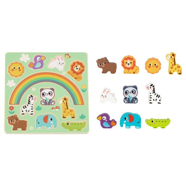 Puzzle educativ din lemn Hi Pando 2 în 1 – joc de echilibru și forme cu animale colorate pentru copii 18 luni+