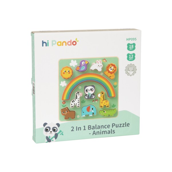 Puzzle educativ din lemn Hi Pando 2 în 1 – joc de echilibru și forme cu animale colorate pentru copii 18 luni+