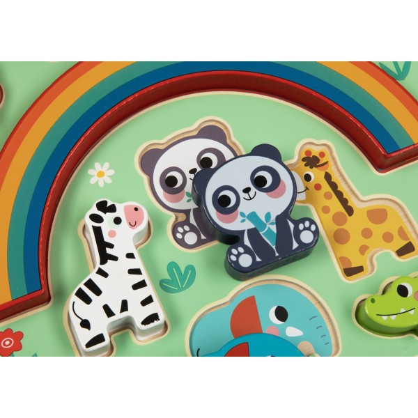 Puzzle educativ din lemn Hi Pando 2 în 1 – joc de echilibru și forme cu animale colorate pentru copii 18 luni+