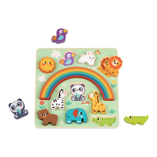 Puzzle educativ din lemn Hi Pando 2 în 1 – joc de echilibru și forme cu animale colorate pentru copii 18 luni+