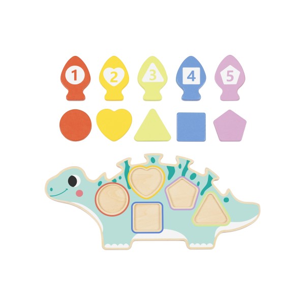Puzzle educativ din lemn Hi Pando Dinozaur – forme geometrice și numere pentru copii 18 luni+