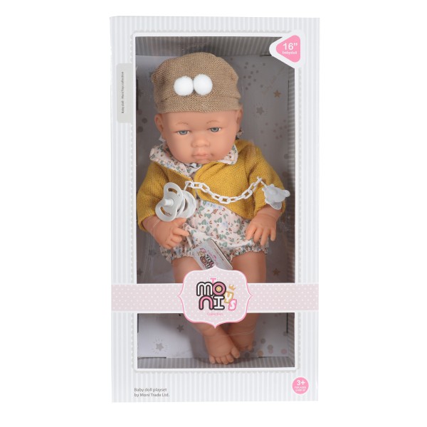 Păpușă bebeluș 41 cm cu suzetă și hăinuțe – jucărie interactivă pentru copii 3+ ani, Moni Toys 6900