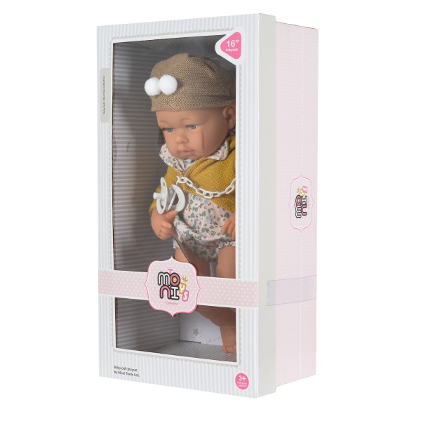 Păpușă bebeluș 41 cm cu suzetă și hăinuțe – jucărie interactivă pentru copii 3+ ani, Moni Toys 6900