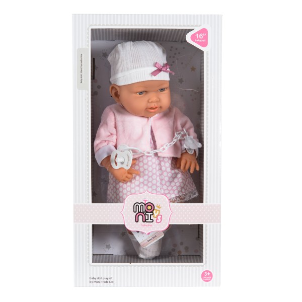 Păpușă bebeluș 41 cm cu suzetă și hăinuțe – jucărie interactivă pentru copii 3+ ani, Moni Toys 6903