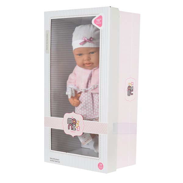 Păpușă bebeluș 41 cm cu suzetă și hăinuțe – jucărie interactivă pentru copii 3+ ani, Moni Toys 6903