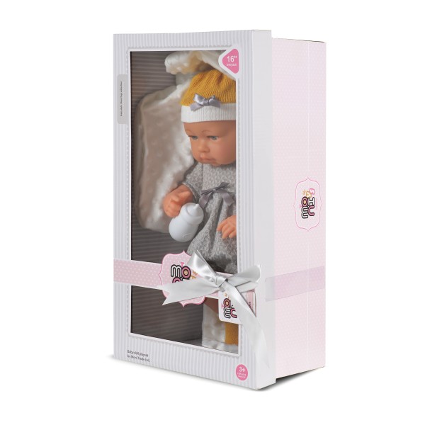 Păpușă bebeluș 41 cm cu biberon-suzetă – jucărie realistă pentru copii 3+ ani, cu rochiță și accesorii, Moni Toys 9301