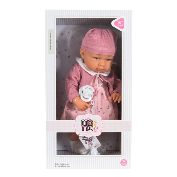 Păpușă bebeluș 41 cm cu suzetă și hăinuțe – jucărie interactivă pentru copii 3+ ani, Moni Toys 6901