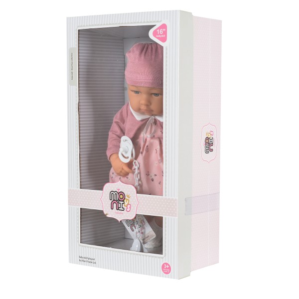 Păpușă bebeluș 41 cm cu suzetă și hăinuțe – jucărie interactivă pentru copii 3+ ani, Moni Toys 6901