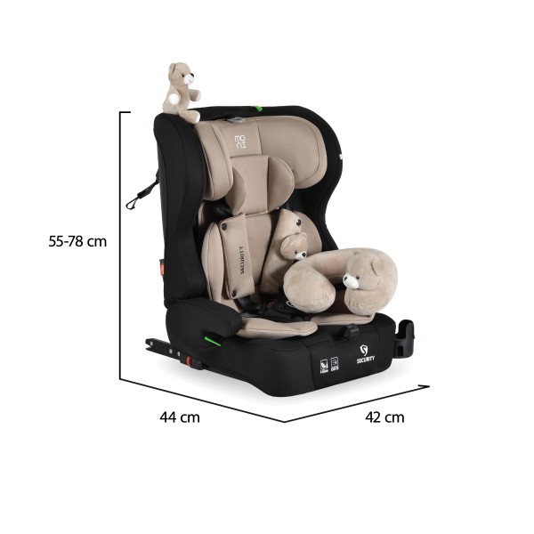 Scaun auto i-Size cu ISOFIX Moni Security Cool Beige 76–150 cm – Top Tether, centură 5 puncte și tetieră reglabilă