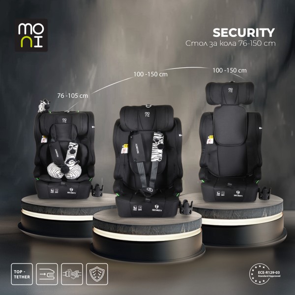 Scaun auto i-Size cu ISOFIX Moni Security Midnight black 76–150 cm – Top Tether, centură 5 puncte și tetieră reglabilă
